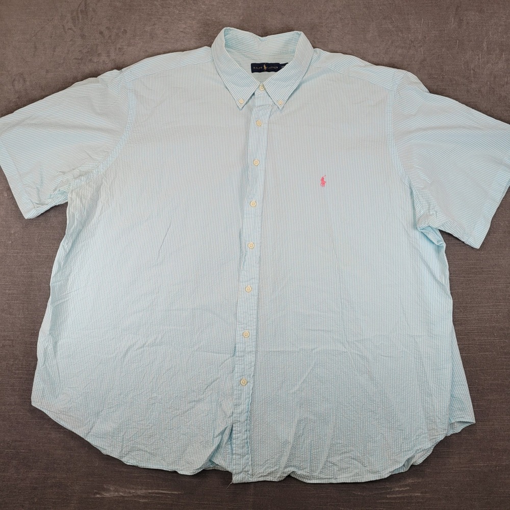 Ralph Lauren Y2K Button Down Shirt Mens 4XB Blue Seersucker Short Sleeve‎